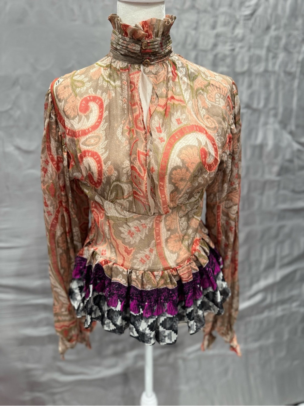 Just Cavalli Beige and Coral Paisley High-Neck Ruffle Blouse